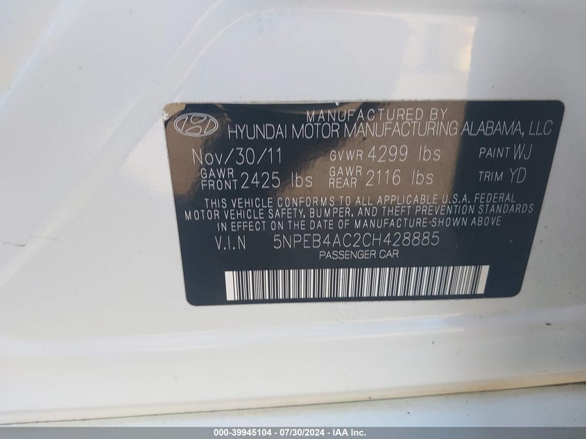 2012 Hyundai Sonata Gls VIN: 5NPEB4AC2CH428885 Lot: 39945104