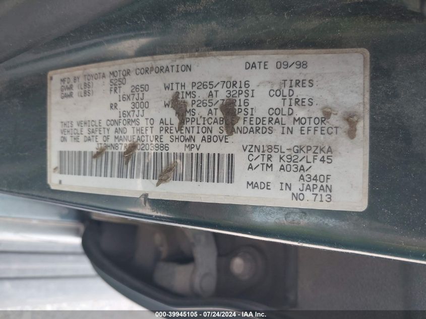 1999 Toyota 4Runner Limited V6 VIN: JT3HN87R3X0203986 Lot: 39945105