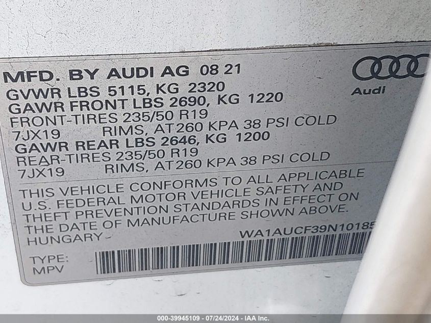 2022 Audi Q3 Premium 40 Tfsi Quattro Tiptronic VIN: WA1AUCF39N1018505 Lot: 39945109