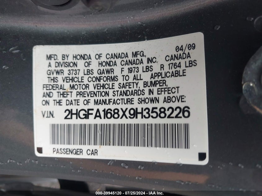 2009 Honda Civic Ex VIN: 2HGFA168X9H358226 Lot: 39945120