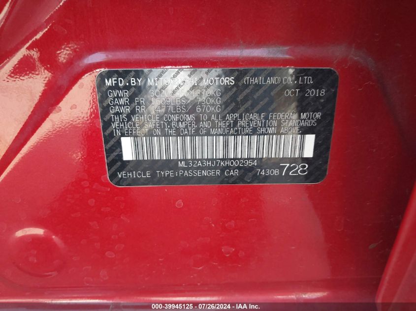 ML32A3HJ7KH002954 2019 Mitsubishi Mirage Es/Rf