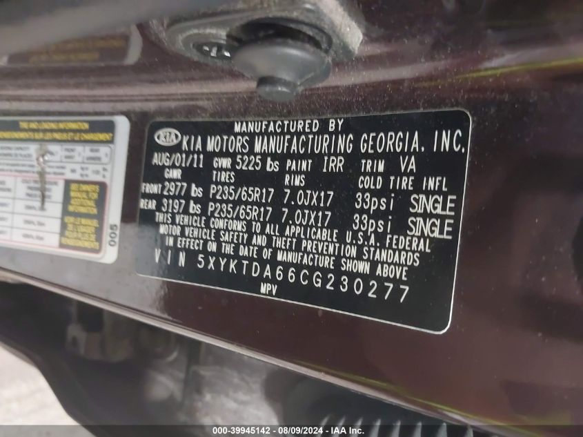 2012 Kia Sorento Lx VIN: 5XYKTDA66CG230277 Lot: 39945142