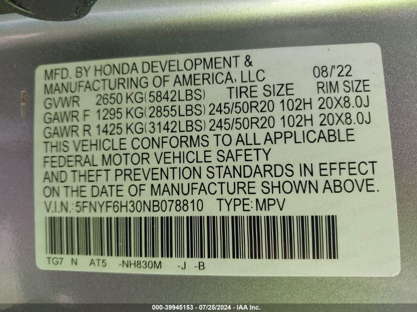 2022 Honda Pilot Awd Sport VIN: 5FNYF6H30NB078810 Lot: 39945153