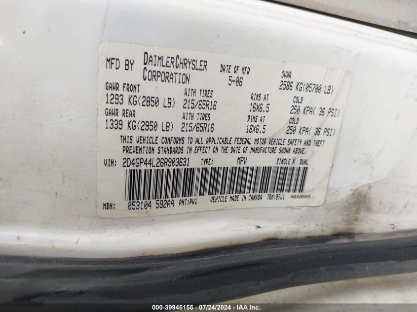 2006 Dodge Grand Caravan Sxt VIN: 2D4GP44L26R903631 Lot: 39945155