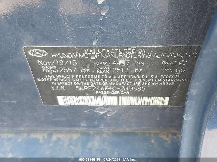 2016 Hyundai Sonata Se VIN: 5NPE24AF4GH349685 Lot: 39945158
