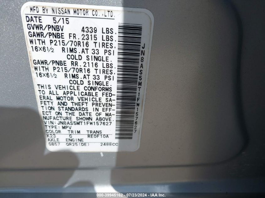 2015 Nissan Rogue Select S VIN: JN8AS5MT1FW157627 Lot: 39945162