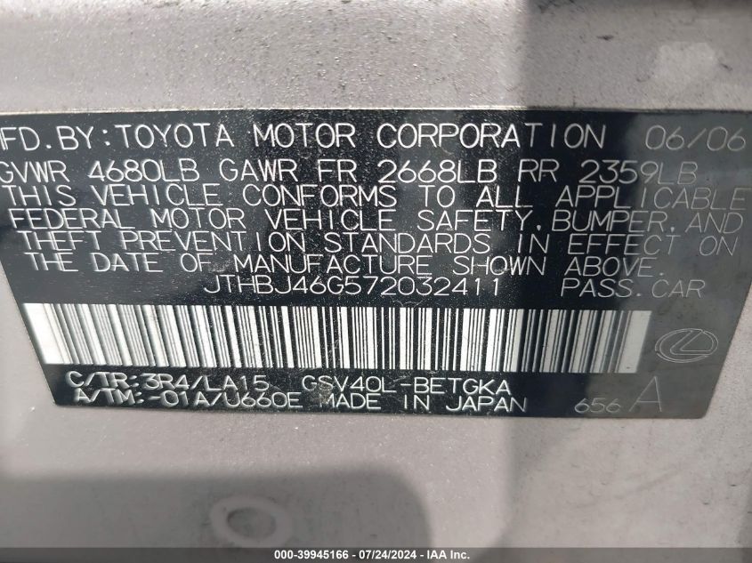 2007 Lexus Es 350 350 VIN: JTHBJ46G572032411 Lot: 39945166