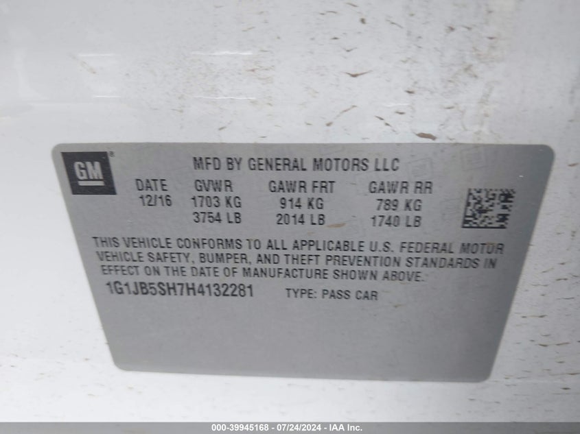 2017 Chevrolet Sonic Ls VIN: 1G1JB5SH7H4132281 Lot: 39945168