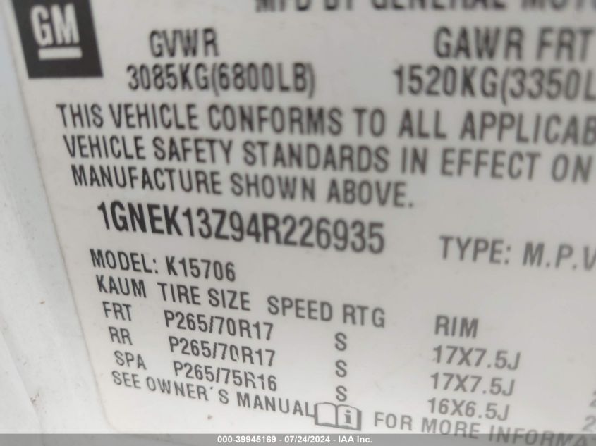 2004 Chevrolet Tahoe Z71 VIN: 1GNEK13Z94R226935 Lot: 39945169