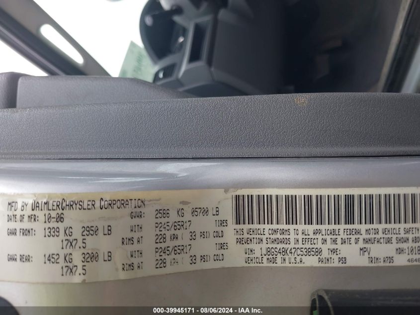 2007 Jeep Grand Cherokee Laredo VIN: 1J8GS48K47C538580 Lot: 39945171