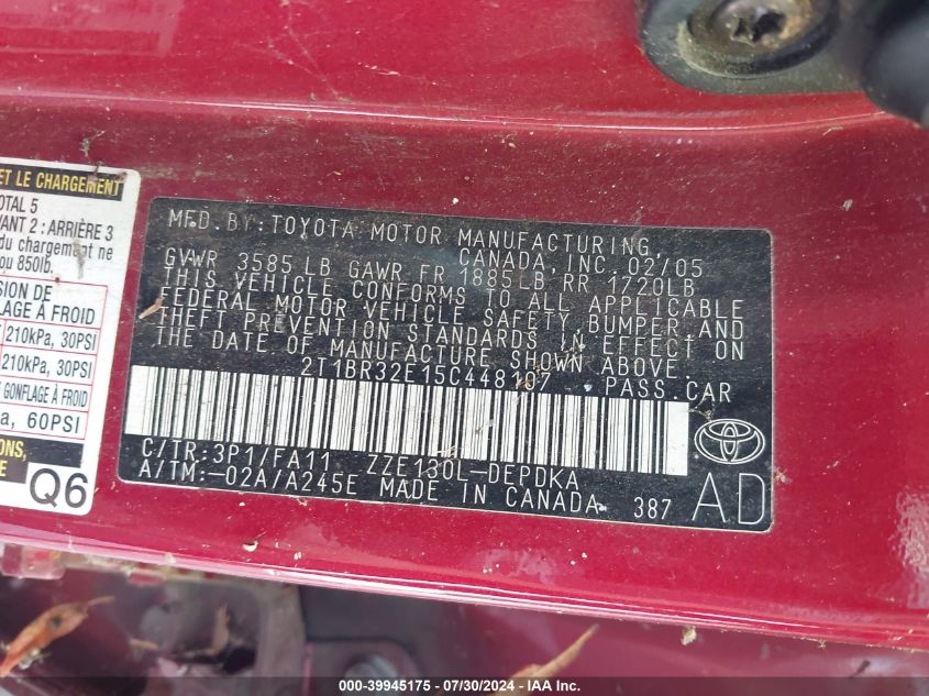 2005 Toyota Corolla Ce VIN: 2T1BR32E15C448107 Lot: 39945175