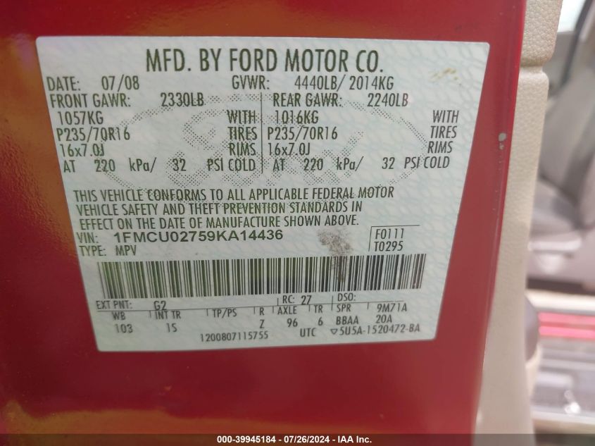 2009 Ford Escape Xls VIN: 1FMCU02759KA14436 Lot: 39945184