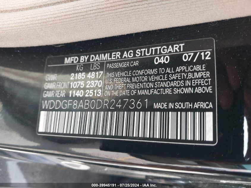 2013 Mercedes-Benz C 300 Luxury 4Matic/Sport 4Matic VIN: WDDGF8AB0DR247361 Lot: 39945191