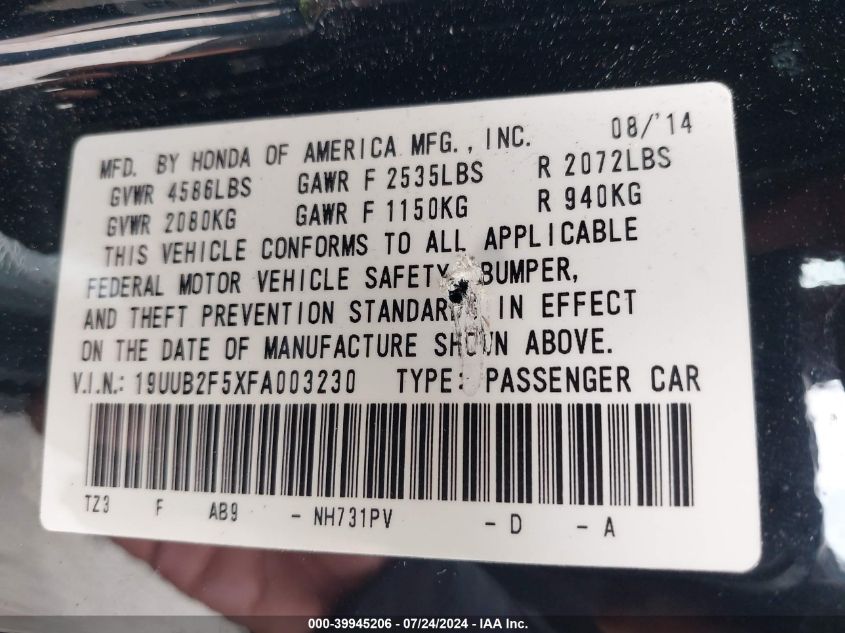 2015 Acura Tlx V6 Tech VIN: 19UUB2F5XFA003230 Lot: 39945206