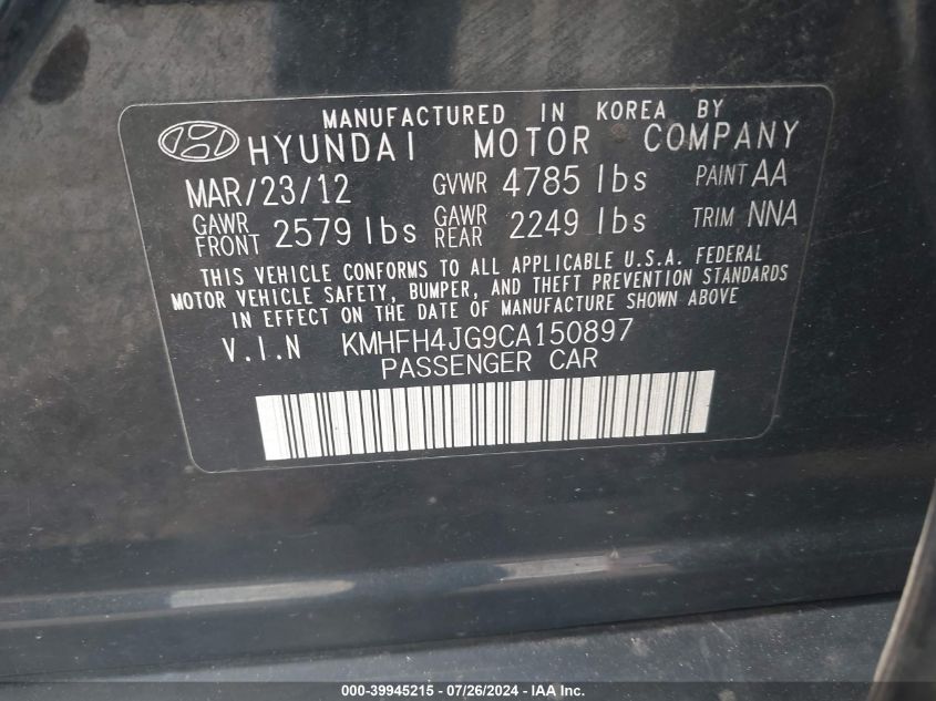 2012 Hyundai Azera VIN: KMHFH4JG9CA150897 Lot: 39945215