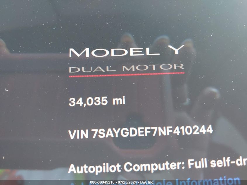 2022 Tesla Model Y Performance Dual Motor All-Wheel Drive VIN: 7SAYGDEF7NF410244 Lot: 39945218