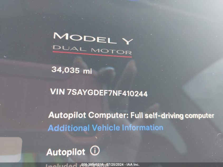 2022 Tesla Model Y Performance Dual Motor All-Wheel Drive VIN: 7SAYGDEF7NF410244 Lot: 39945218