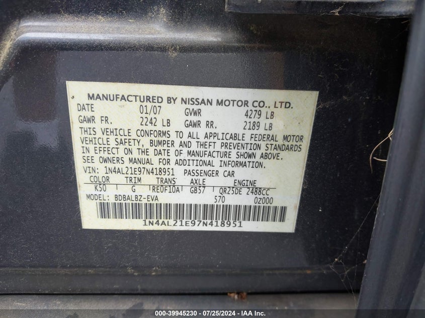 2007 Nissan Altima 2.5 S VIN: 1N4AL21E97N418951 Lot: 39945230