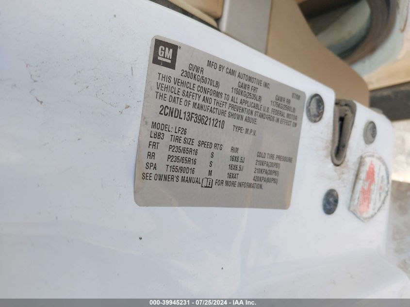 2009 Chevrolet Equinox Ls VIN: 2CNDL13F396211210 Lot: 39945231