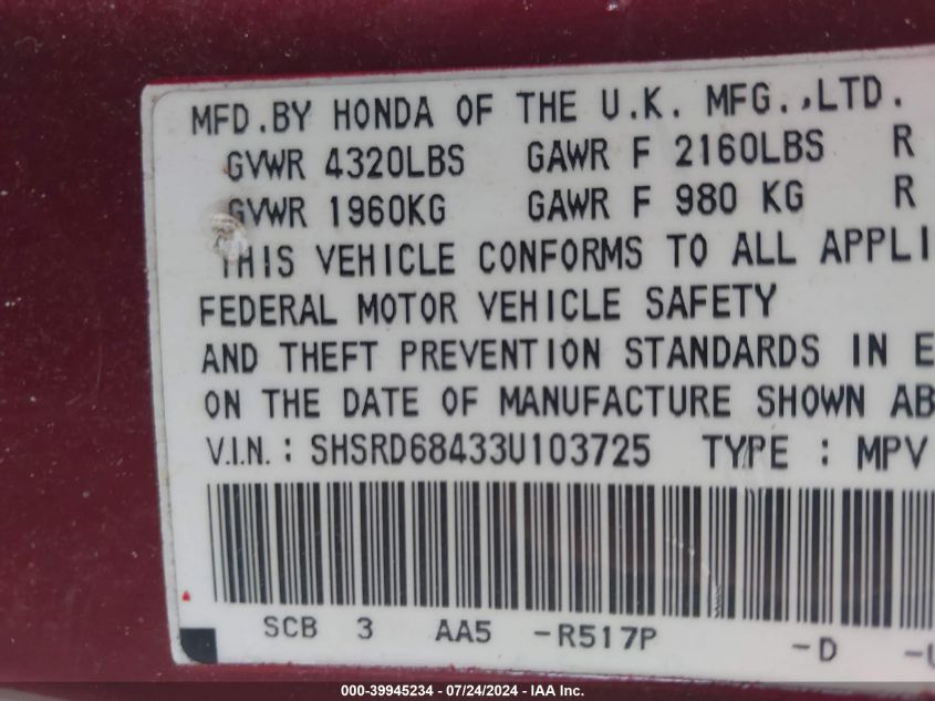 2003 Honda Cr-V Lx VIN: SHSRD68433U103725 Lot: 39945234