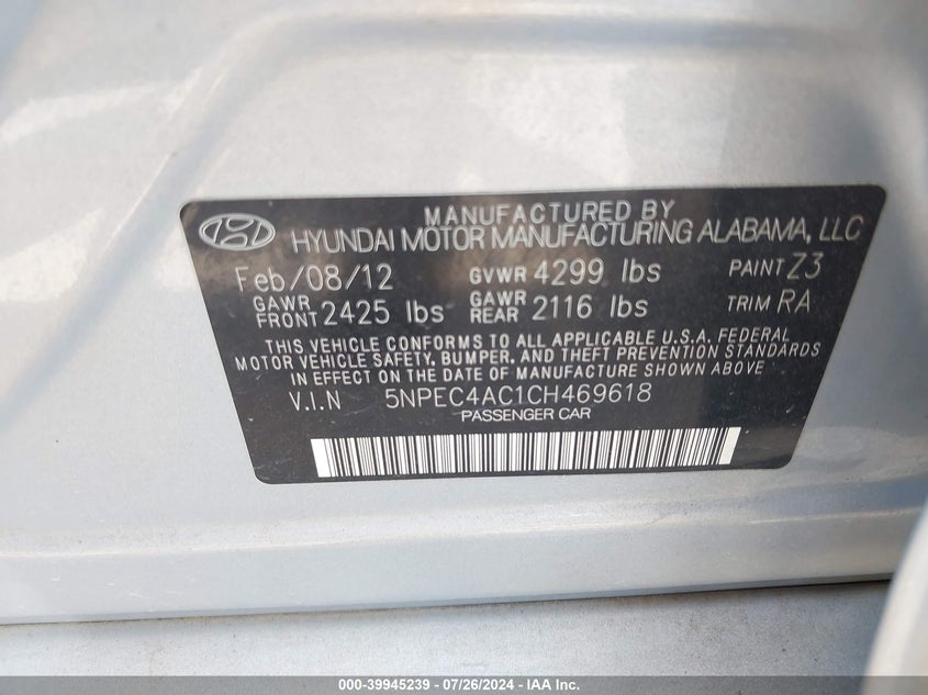 2012 Hyundai Sonata Limited VIN: 5NPEC4AC1CH469618 Lot: 39945239