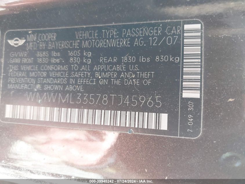2008 Mini Cooper Clubman VIN: WMWML33578TJ45965 Lot: 39945242