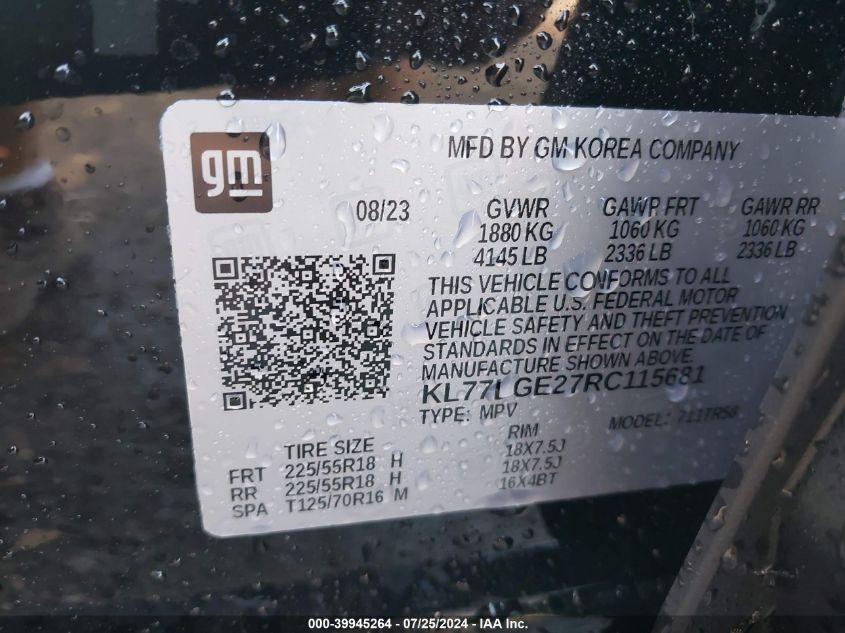 2024 Chevrolet Trax Fwd 1Rs VIN: KL77LGE27RC115681 Lot: 39945264