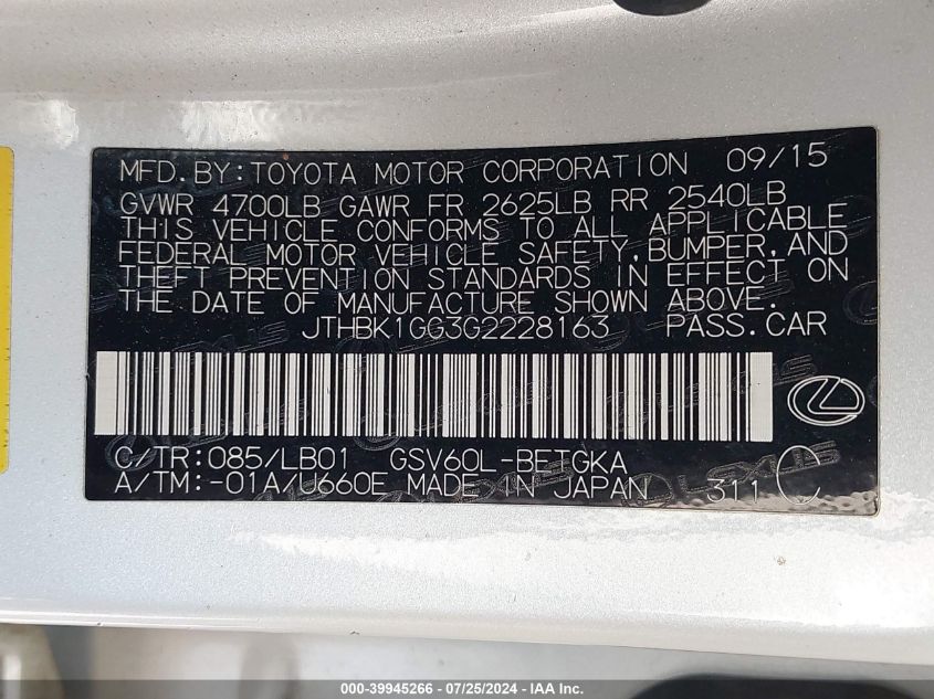 2016 Lexus Es 350 VIN: JTHBK1GG3G2228163 Lot: 39945266