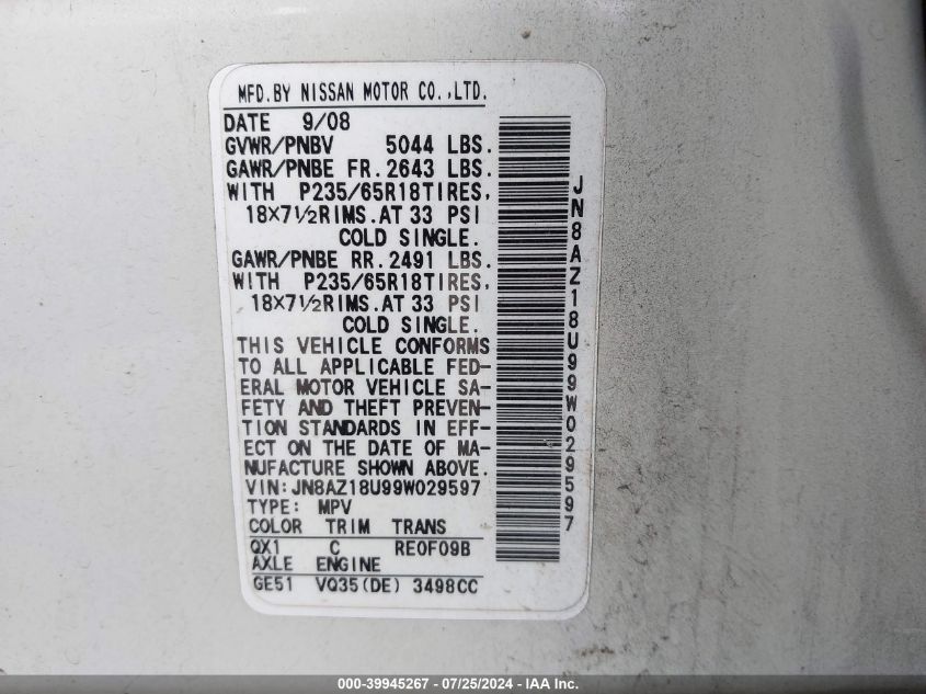2009 Nissan Murano Sl VIN: JN8AZ18U99W029597 Lot: 39945267