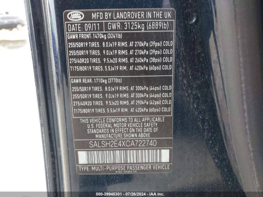 2012 Land Rover Range Rover Sport Supercharged VIN: SALSH2E4XCA722740 Lot: 39945301