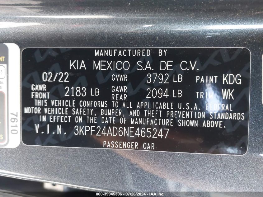 2022 Kia Forte Lxs VIN: 3KPF24AD6NE465247 Lot: 39945306