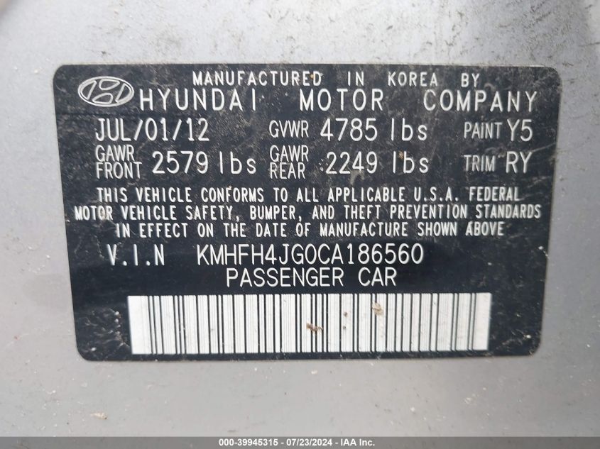 2012 Hyundai Azera VIN: KMHFH4JG0CA186560 Lot: 39945315