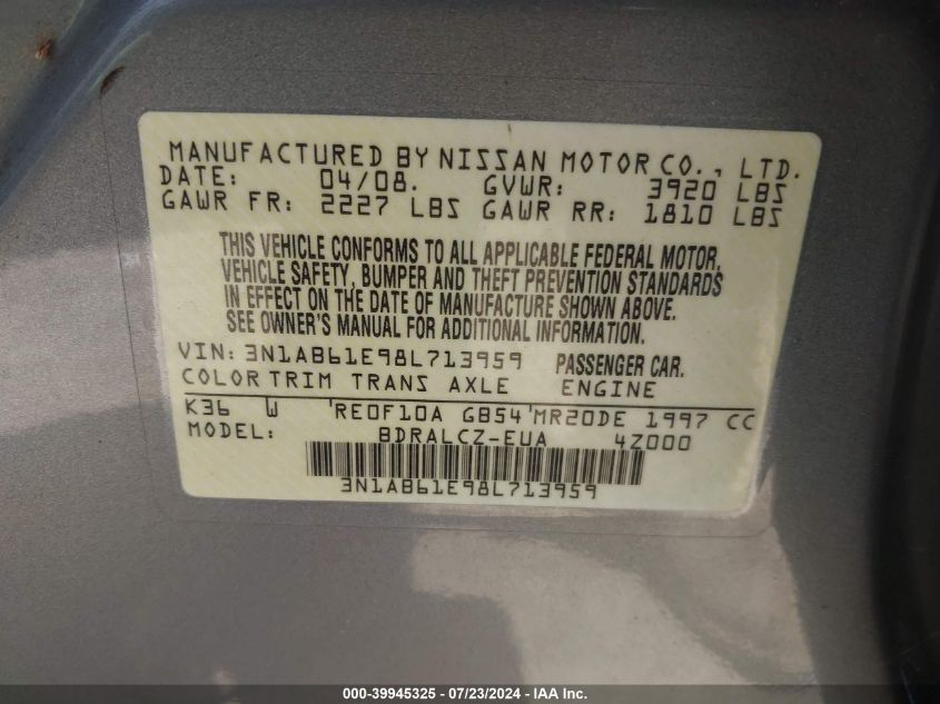 2008 Nissan Sentra 2.0 VIN: 3N1AB61E98L713959 Lot: 39945325