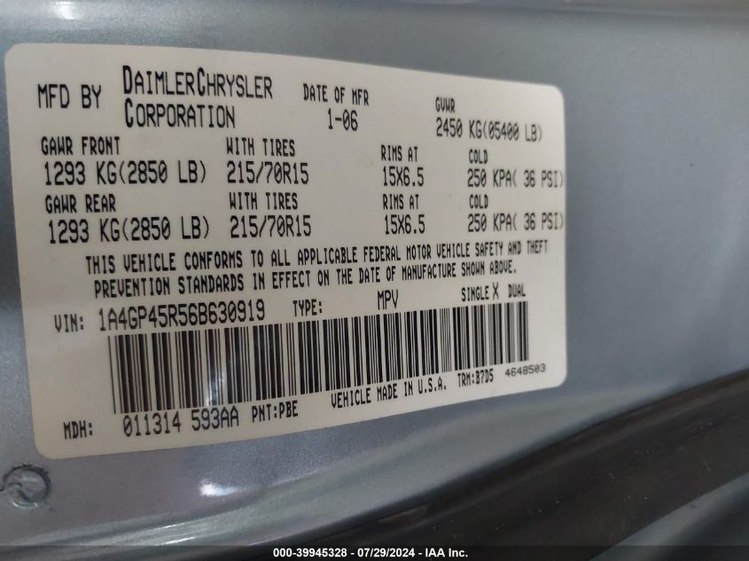 2006 Chrysler Town & Country VIN: 1A4GP45R56B630919 Lot: 39945328