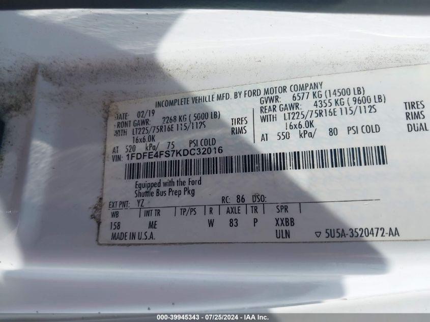 2019 Ford Econoline E450 Super Duty Cutaway V VIN: 1FDFE4FS7KDC32016 Lot: 39945343