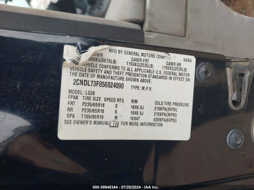 2005 Chevrolet Equinox Lt VIN: 2CNDL73F856024090 Lot: 39945344