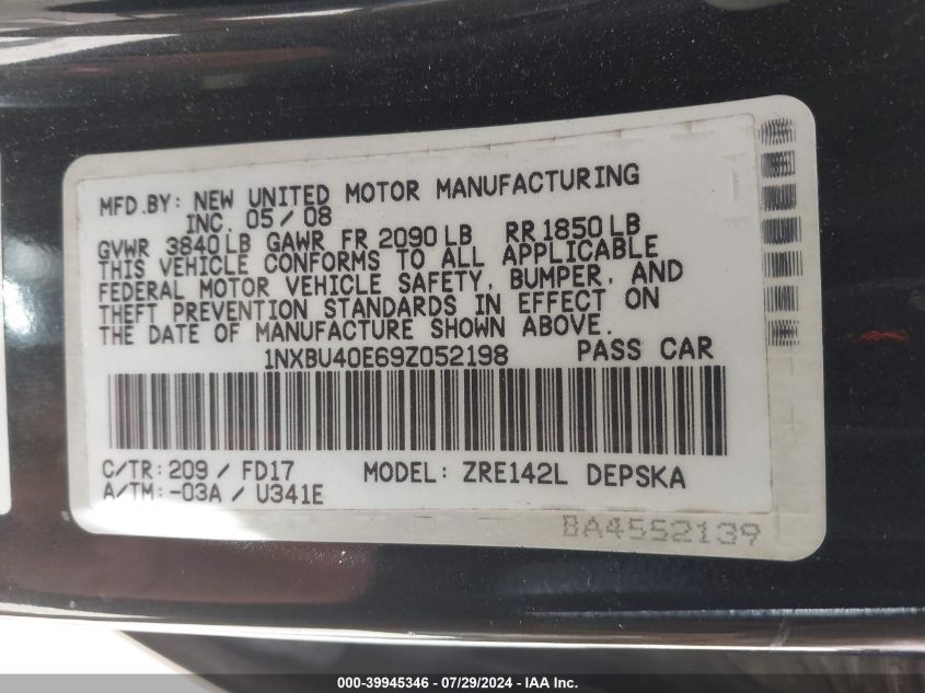 2009 Toyota Corolla Le/S/Xle VIN: 1NXBU40E69Z052198 Lot: 39945346