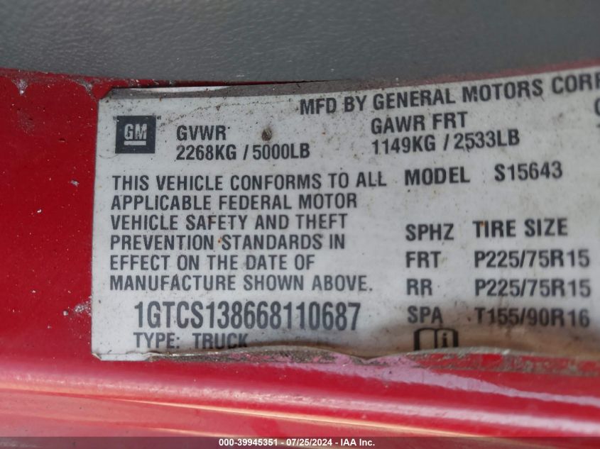 2006 GMC Canyon Sle1 VIN: 1GTCS138668110687 Lot: 39945351