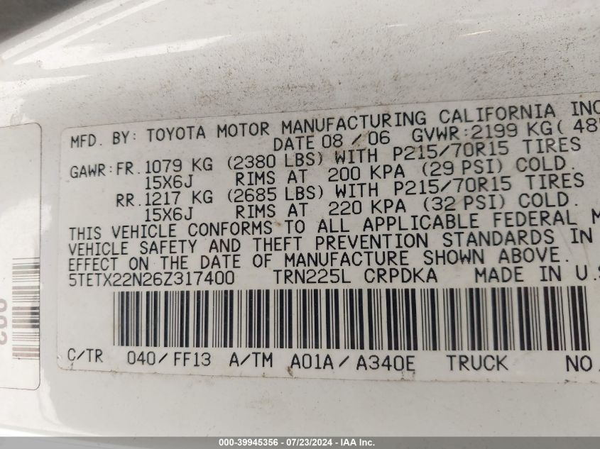 2006 Toyota Tacoma VIN: 5TETX22N26Z317400 Lot: 39945356