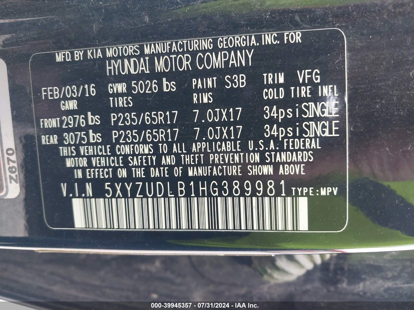 2017 Hyundai Santa Fe Sport VIN: 5XYZUDLB1HG389981 Lot: 39945357