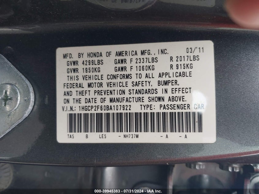 2011 Honda Accord Se VIN: 1HGCP2F60BA107922 Lot: 39945383