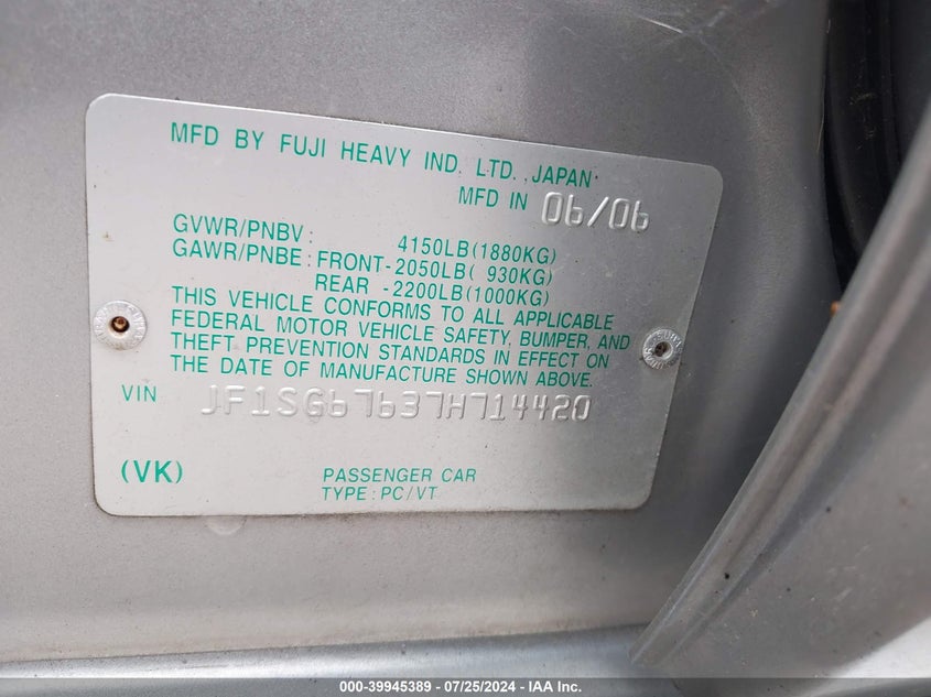 2007 Subaru Forester 2.5X L.l. Bean Edition VIN: JF1SG67637H714420 Lot: 39945389