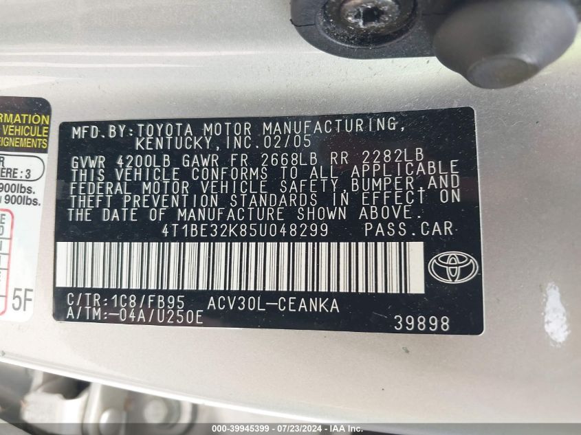 2005 Toyota Camry Le/Se/Std/Xle VIN: 4T1BE32K85U048299 Lot: 39945399
