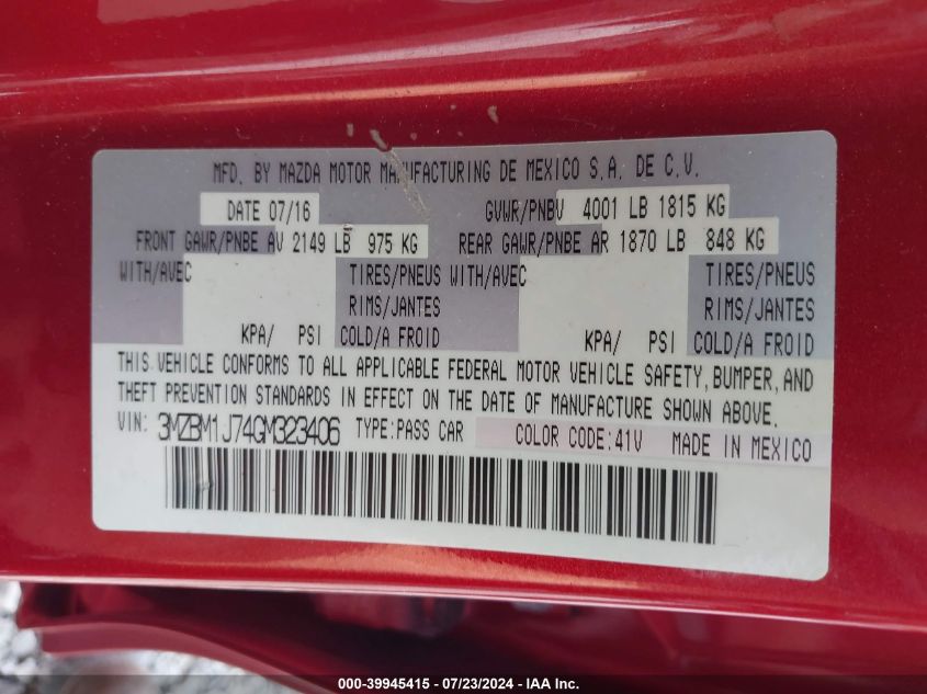 2016 MAZDA MAZDA3 I SPORT - 3MZBM1J74GM323406
