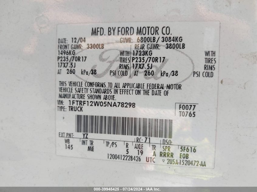 2005 Ford F-150 Stx/Xl/Xlt VIN: 1FTRF12W05NA78298 Lot: 39945425