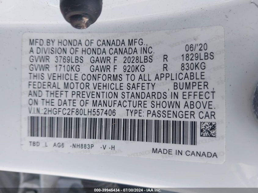 2020 Honda Civic Sport VIN: 2HGFC2F80LH557406 Lot: 39945434