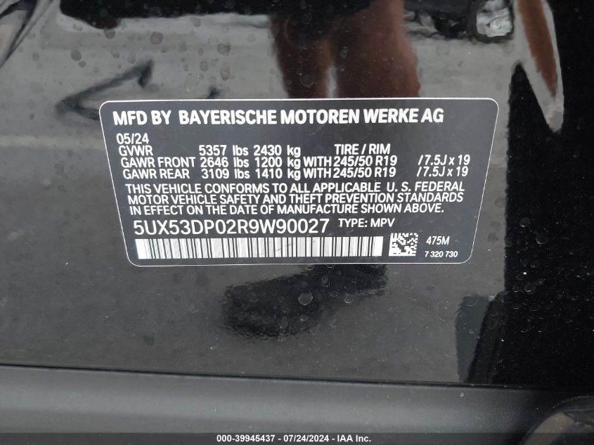 2024 BMW X3 xDrive30I VIN: 5UX53DP02R9W90027 Lot: 39945437