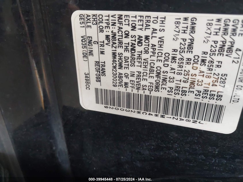 2012 Nissan Murano Sl VIN: JN8AZ1MW4CW230029 Lot: 39945448