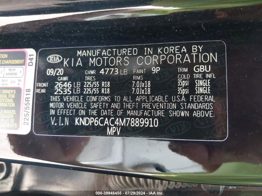 2021 Kia Sportage S VIN: KNDP6CAC4M7889910 Lot: 39945455