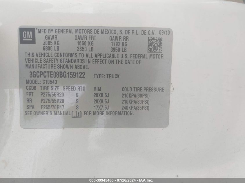 2011 Chevrolet Silverado C1500 Ltz VIN: 3GCPCTE08BG159122 Lot: 39945460